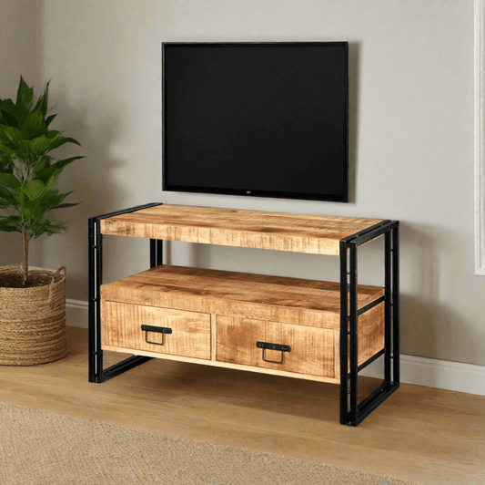 Handmade reclaimed industrial TV cabinet with natural light-grain hardwood, banded iron edges, and two drawers, offering eco-friendly and unique design.