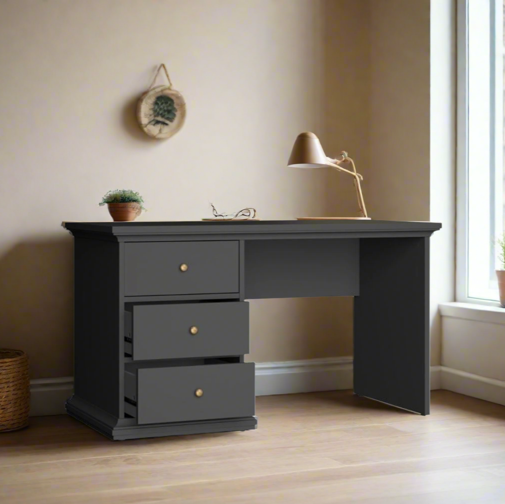 Matte black 3 drawer desk with smooth gliding drawer runners, made from durable laminated board and sustainable PEFC certified wood.