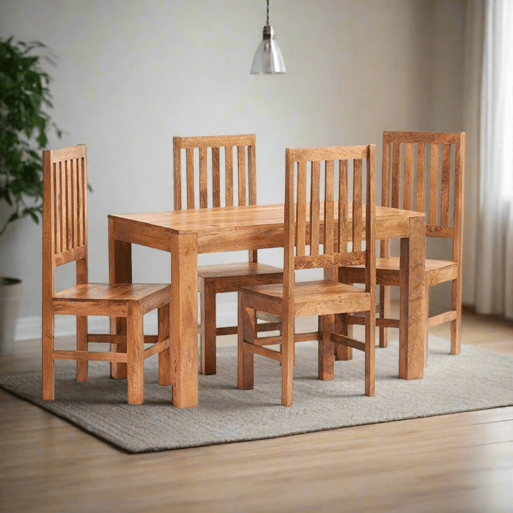  Solid Light Mango Hardwood Dining Table with a lightly stained matt finish, handcrafted from eco-friendly wood. Partial assembly required for the legs.