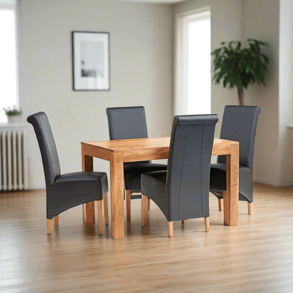  Solid Light Mango Hardwood Dining Table with a lightly stained matt finish, handcrafted from eco-friendly wood. Partial assembly required for the legs.