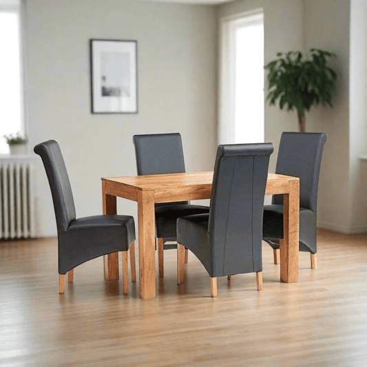  Solid Light Mango Hardwood Dining Table with a lightly stained matt finish, handcrafted from eco-friendly wood. Partial assembly required for the legs.