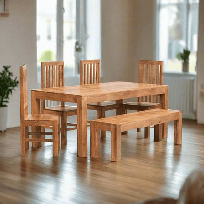  Solid Light Mango Hardwood Dining Table with a lightly stained matt finish, handcrafted from eco-friendly wood. Partial assembly required for the legs.