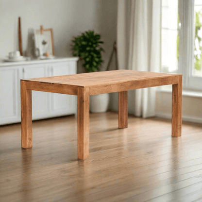  Solid Light Mango Hardwood Dining Table with a lightly stained matt finish, handcrafted from eco-friendly wood. Partial assembly required for the legs.