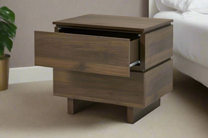 Wide bedside table with walnut effect finish and two storage drawers.