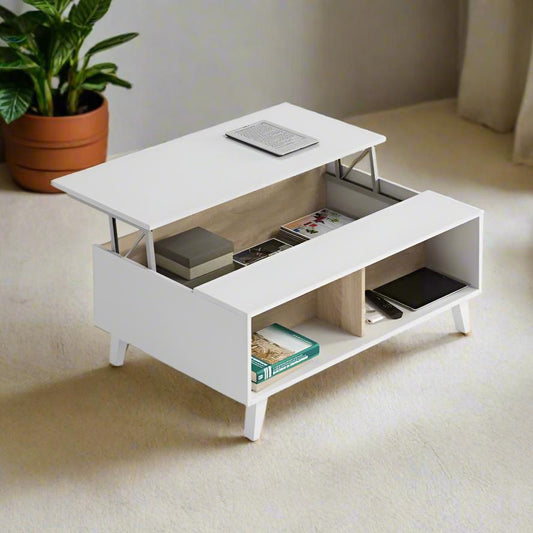 Toris Coffee Table in oak and white with lift-up top, offering stylish storage solution for modern living rooms.