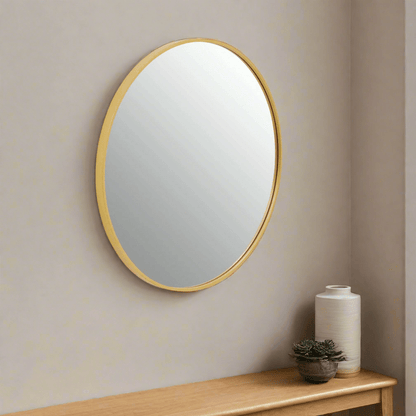 Small round wall mirror with a sleek gold finish iron frame, featuring a minimalist design that adds elegance to any space. Free delivery included.